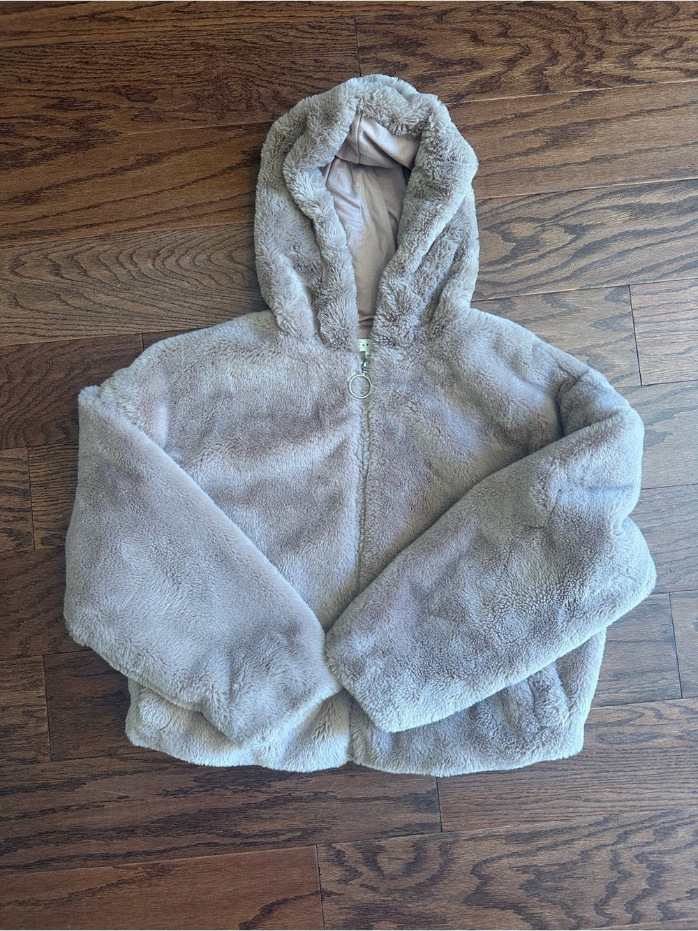 Topshop Women's Tan Faux Fur Zip Up Hooded Jacket - Medium